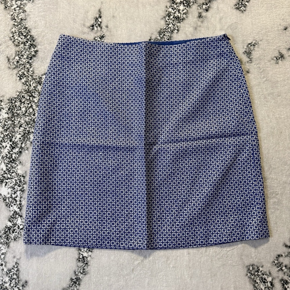 Boden Skirt Womens Size 10R Blue White Geometric Squares Tweed Wool Blend Pencil